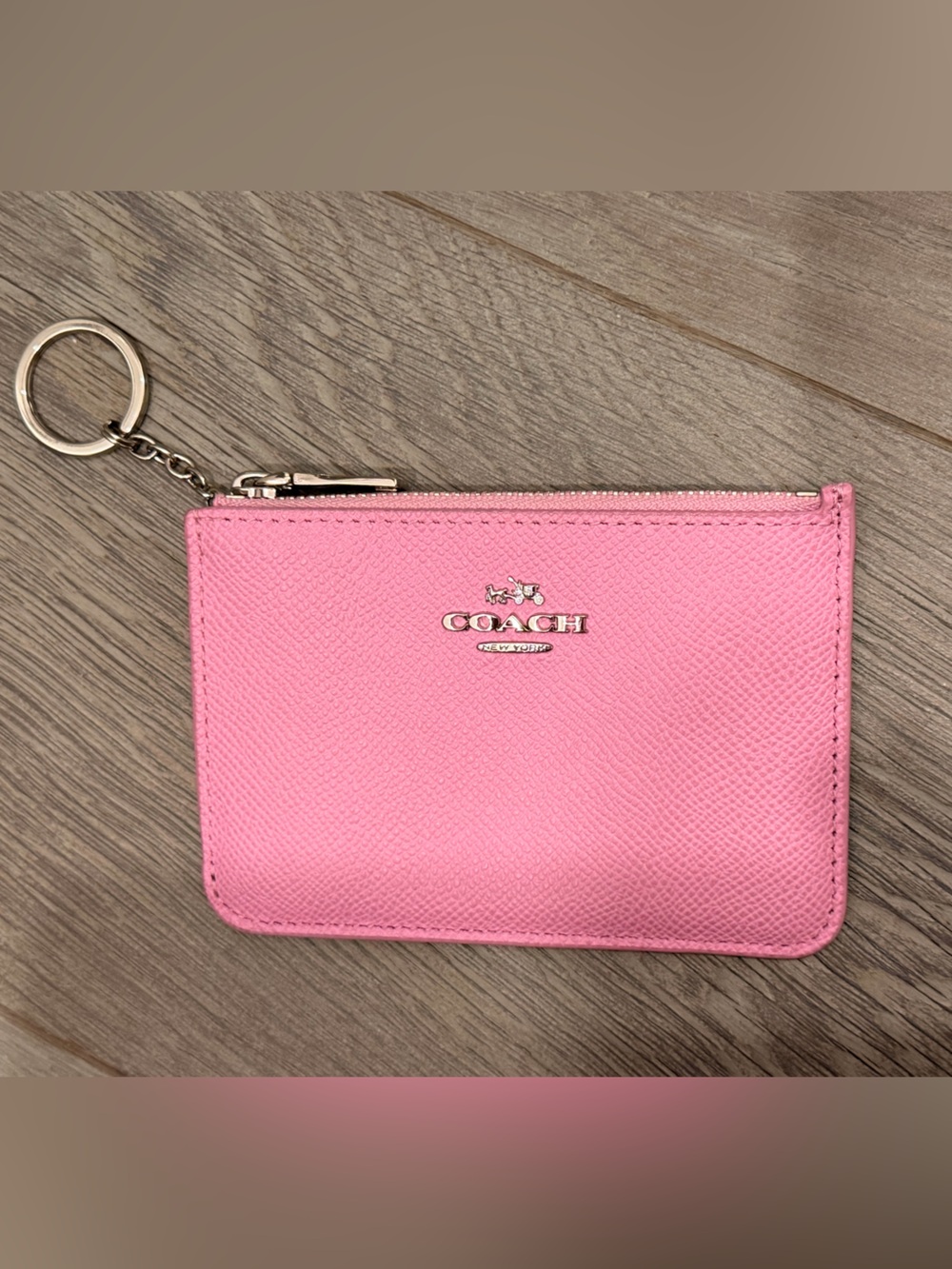 COACH Pebbled Leather Zippered Coin Purse Keyring Pink Lilac NWOT